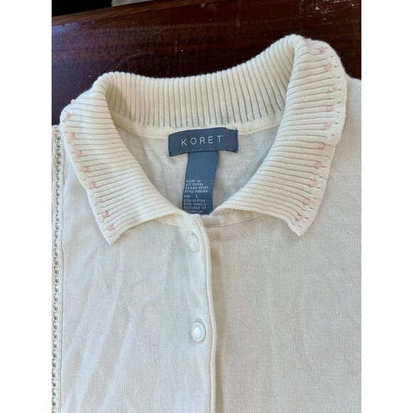 VTG Koret Short Sleeve Cardigan Button Up Pink Beige Embroidered Floral Sz LG - Picture 4 of 8